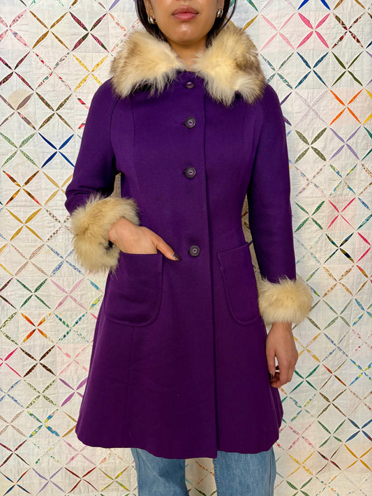 Purple wool jacket with fox fur trim