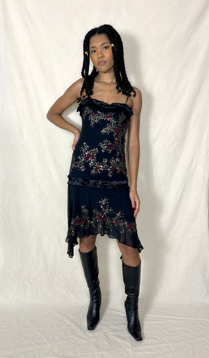 Y2K Sue Wong Nocturne silk party dress with beading & rose embroidery