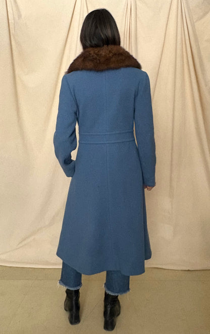 1970s Blue Wool Trench with Fur Collar