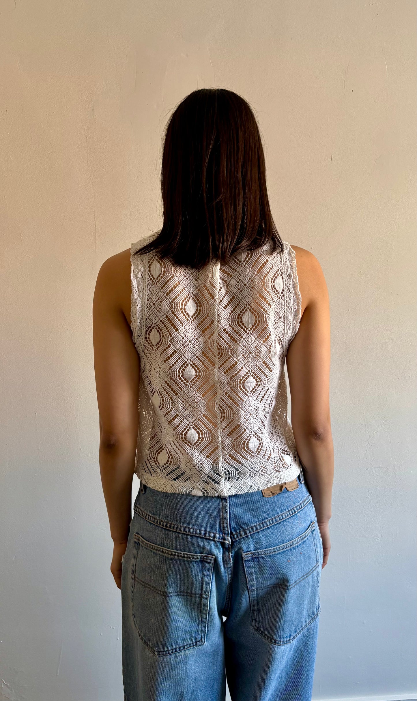 White crochet mock neck tank