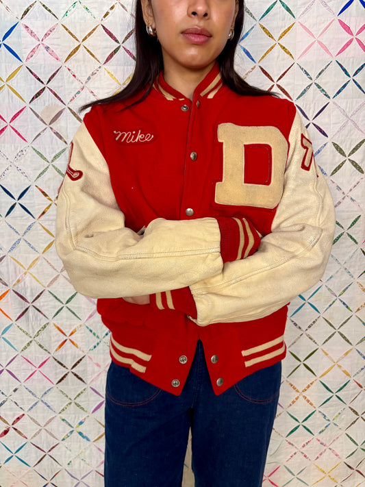 Red letterman jacket, wool & leather