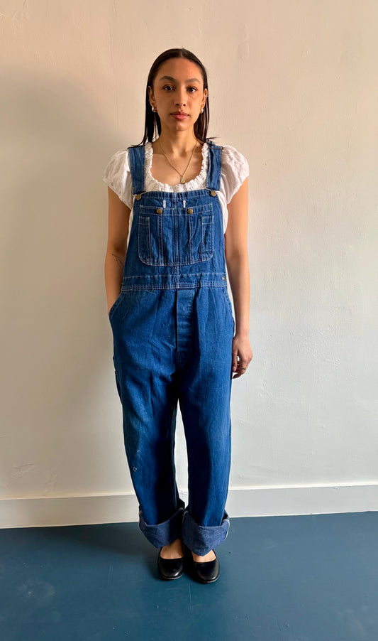 Dark wash denim overalls