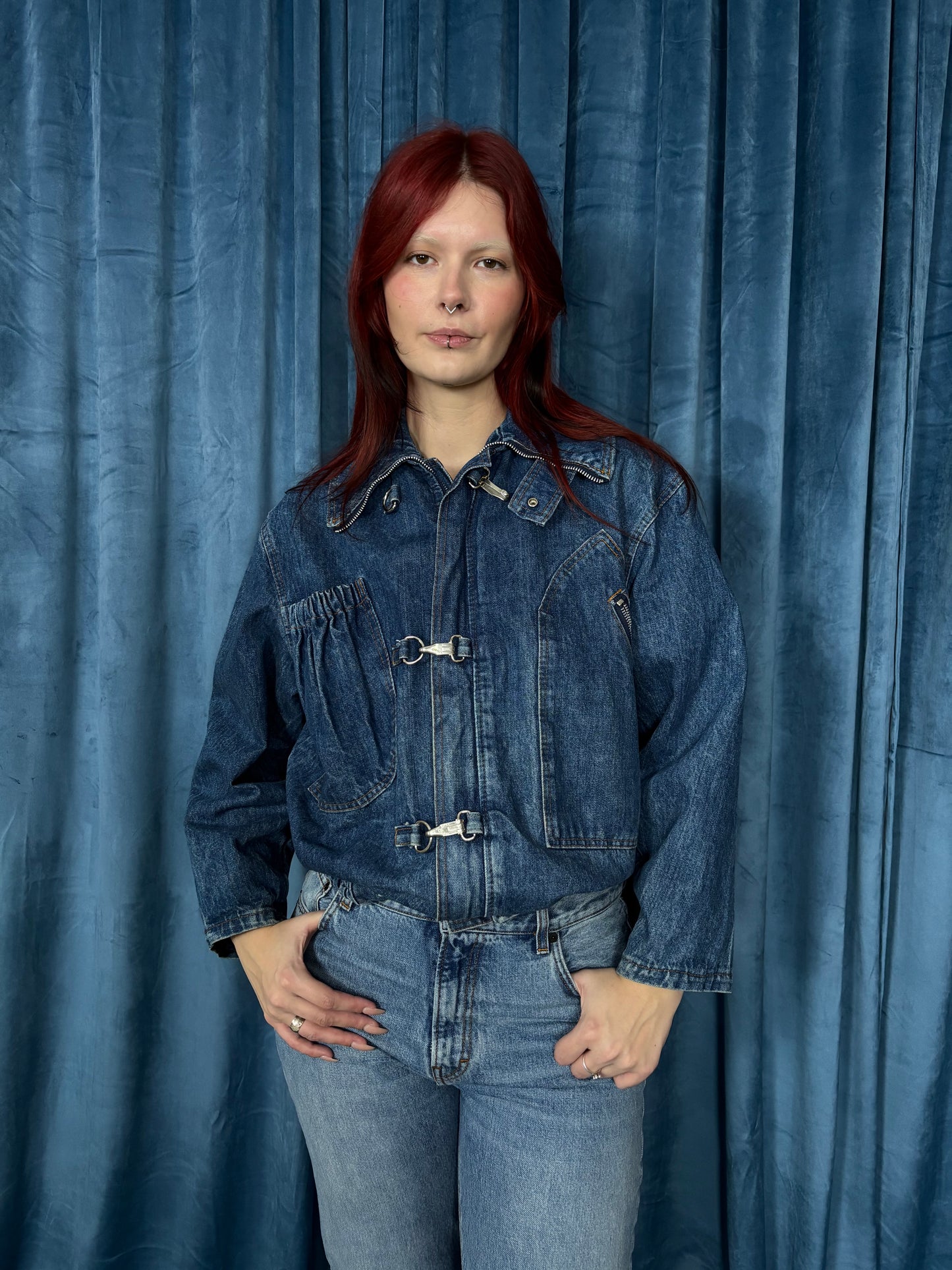 Funnel neck denim bomber