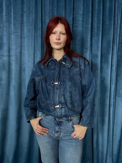 Funnel neck denim bomber