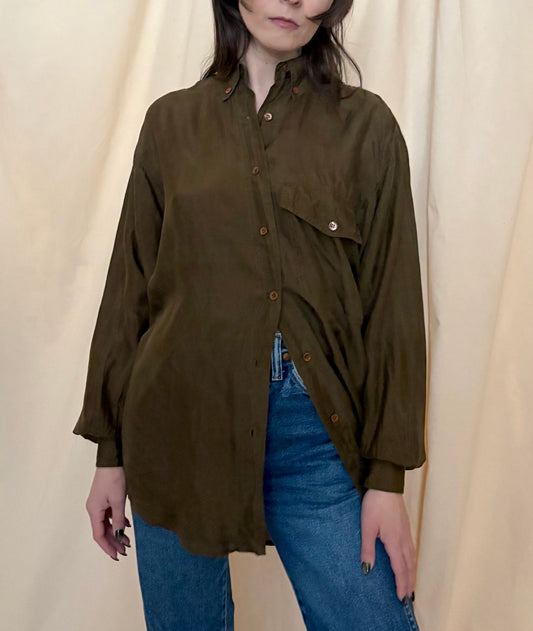 Dark Olive Silk Button Up