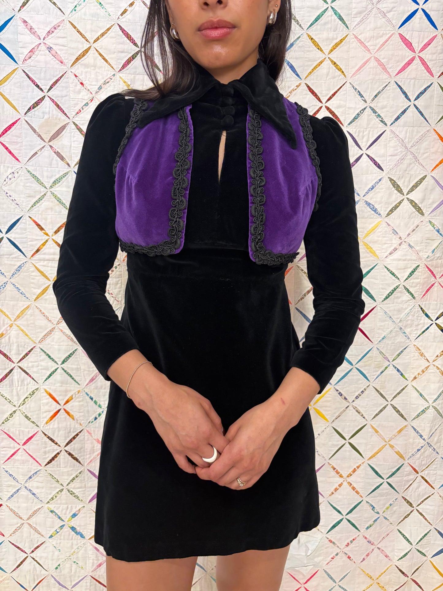60s black velvet goth dress with purple vest
