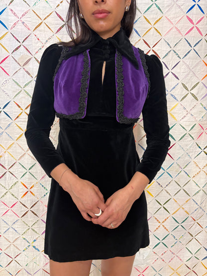 60s black velvet goth dress with purple vest