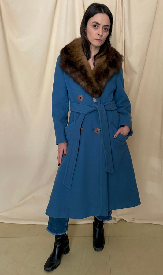 1970s Blue Wool Trench with Fur Collar