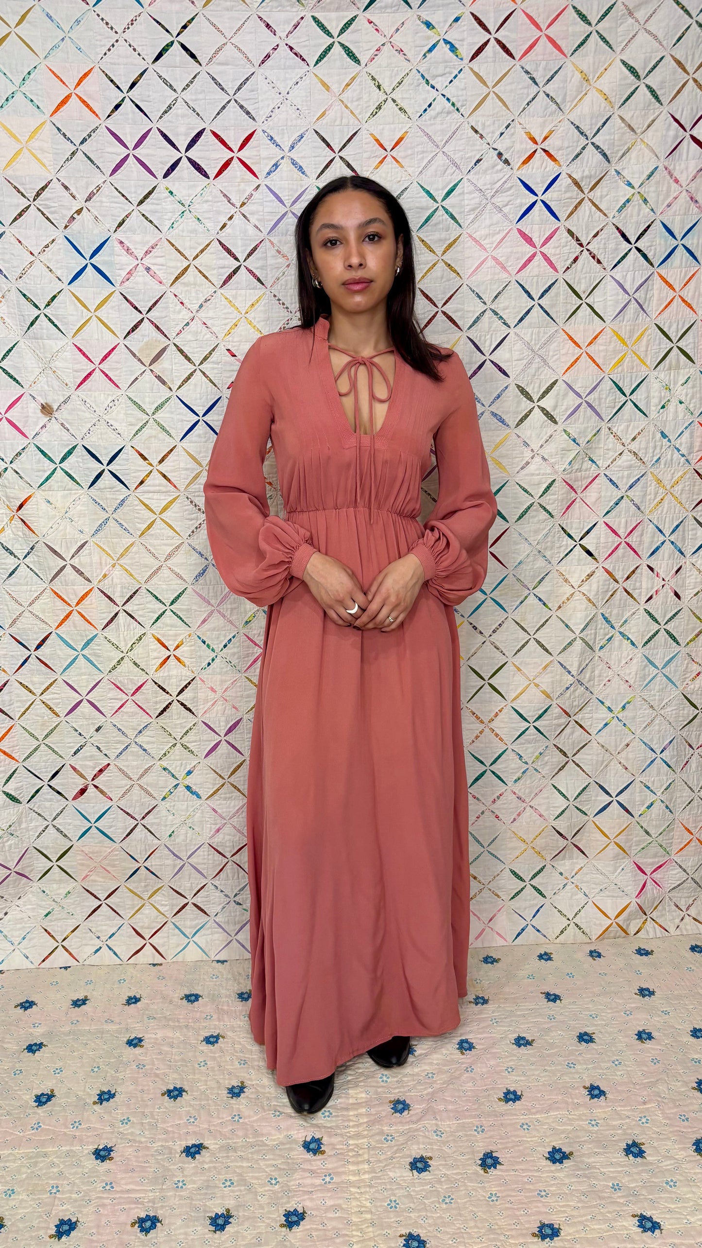 70s rose coloured maxi dress with bishop sleeves