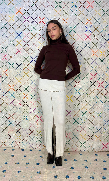 Cream knit maxi skirt with exposed seams