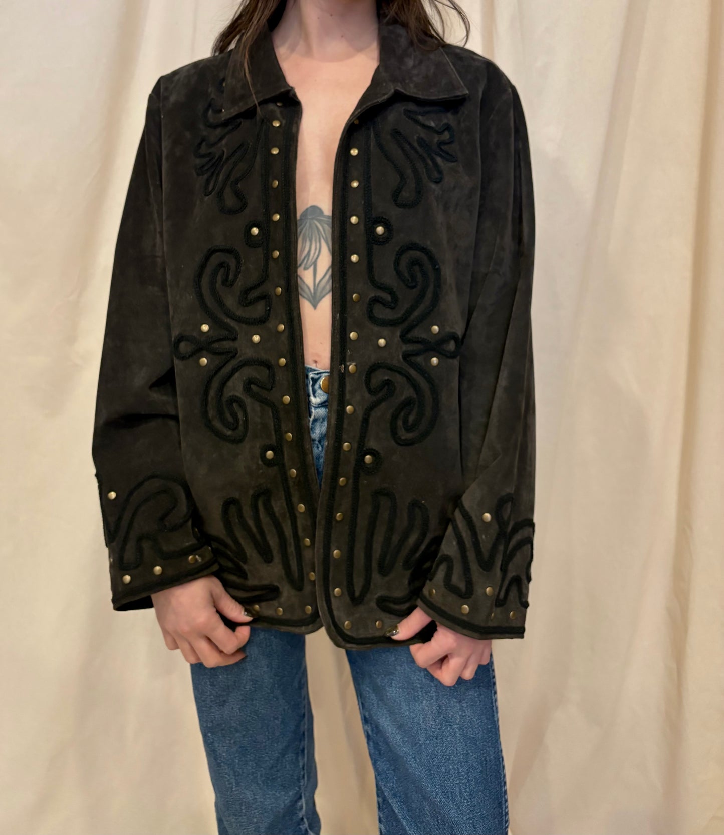 Dark Brown Suede Jacket with Braided Trim and Gold Studding