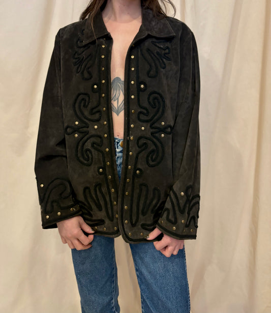 Dark Brown Suede Jacket with Braided Trim and Gold Studding