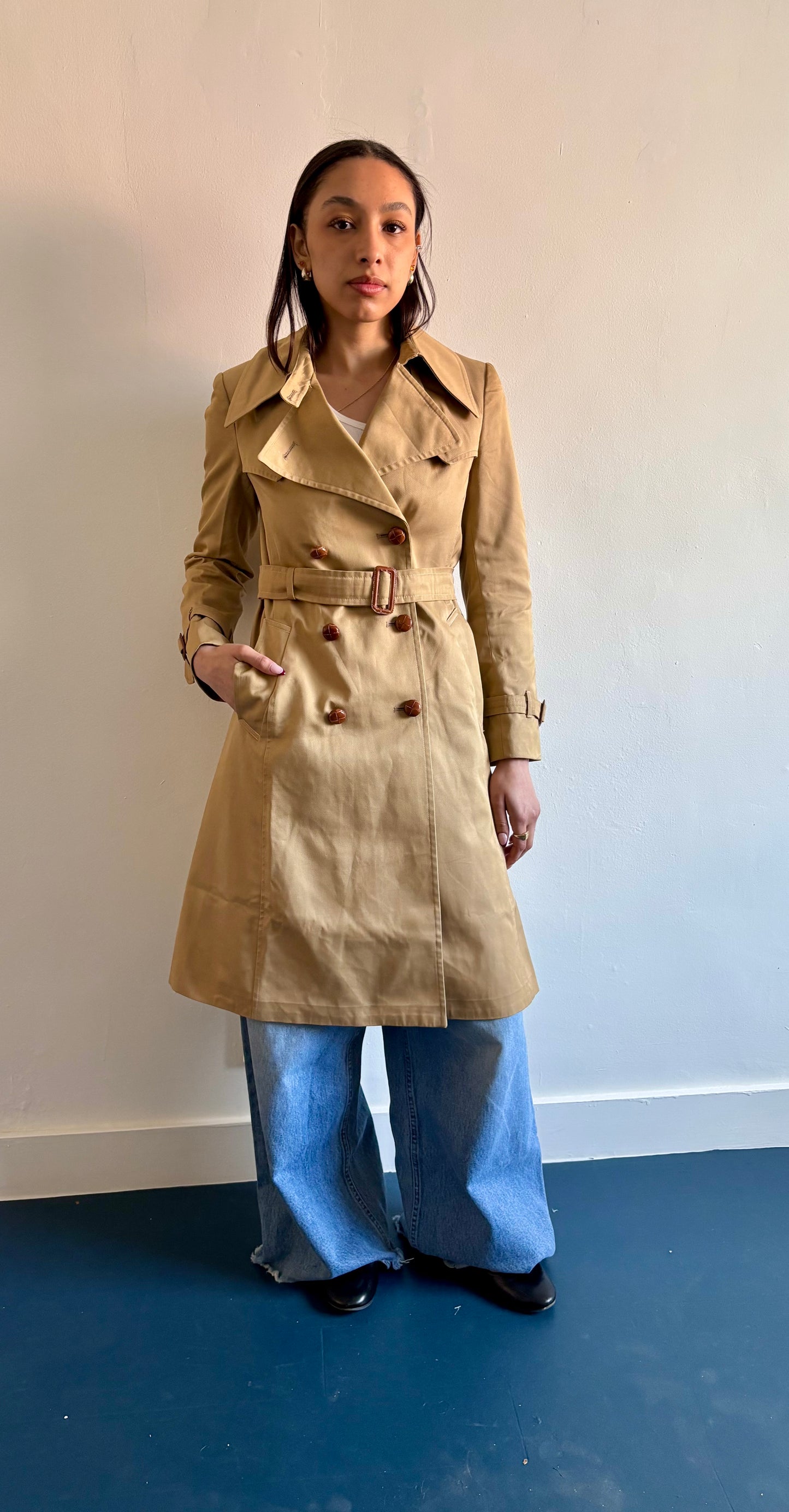 Classic mid length tan trench coat
