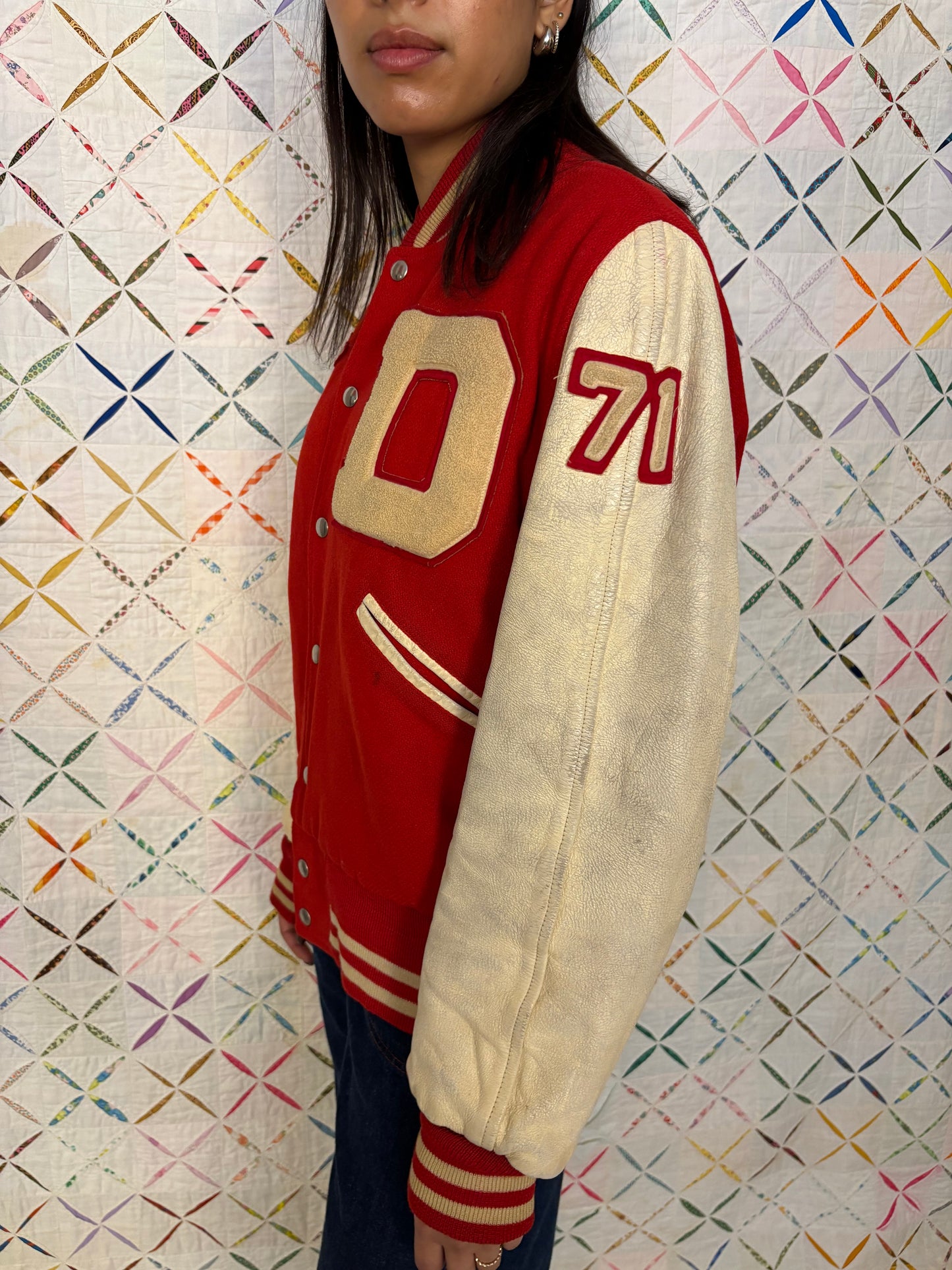 Red letterman jacket, wool & leather