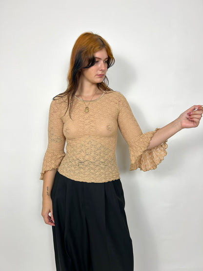 90s Nude Lace Top with Trumpet Sleeve