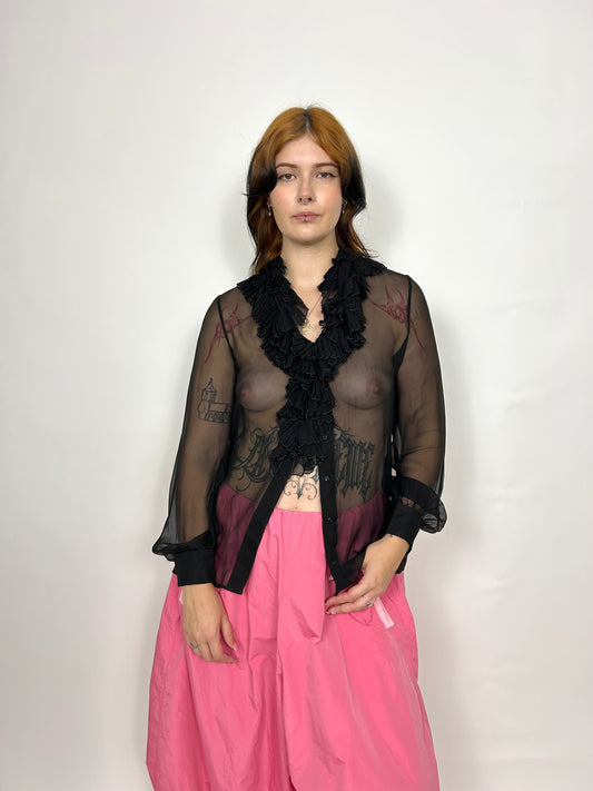 Alberta Ferretti Sheer Silk Ruffle Blouse