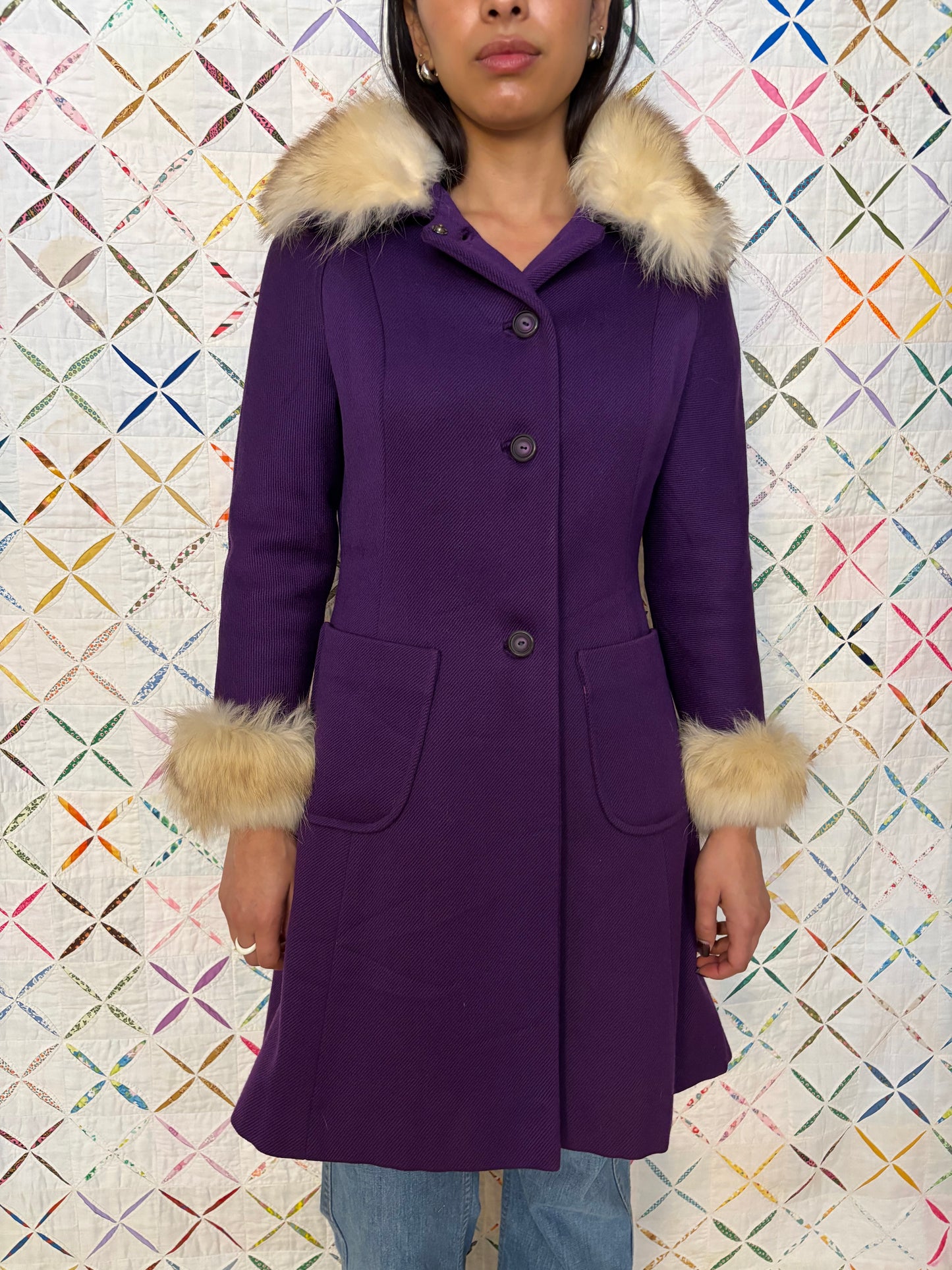 Purple wool jacket with fox fur trim