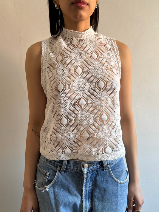 White crochet mock neck tank