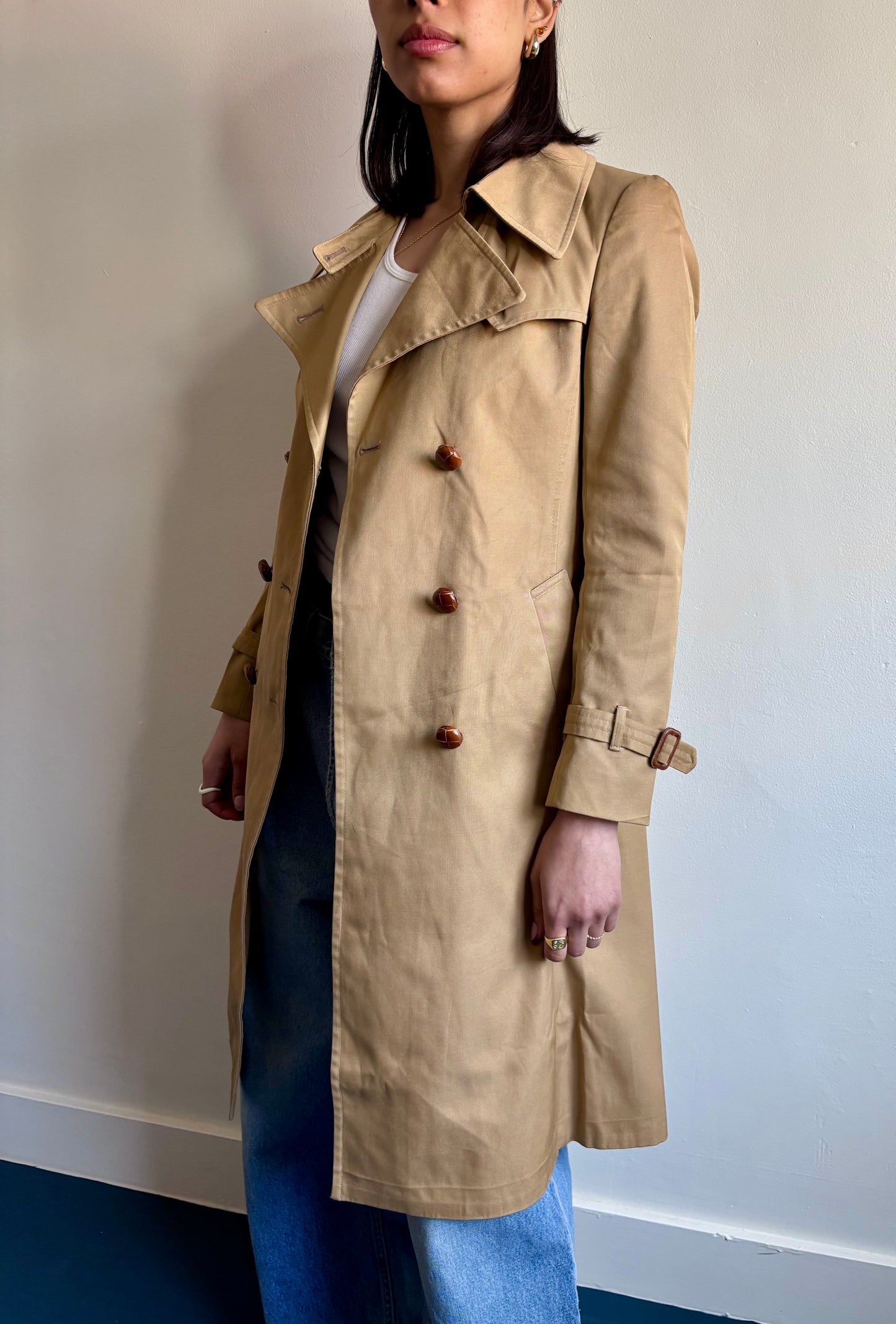 Classic mid length tan trench coat
