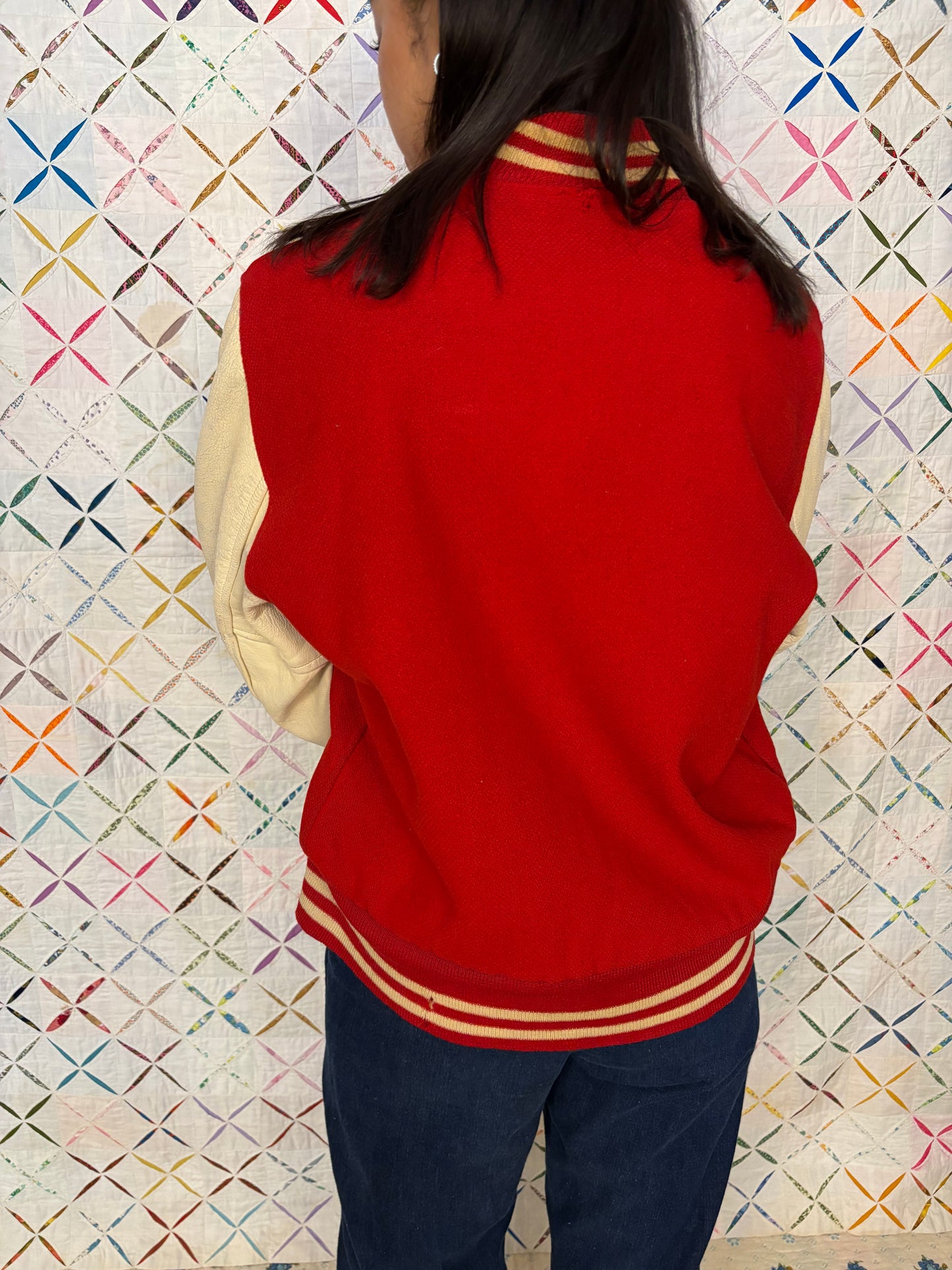 Red letterman jacket, wool & leather