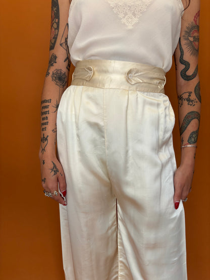 Ivory satin trousers with button waist