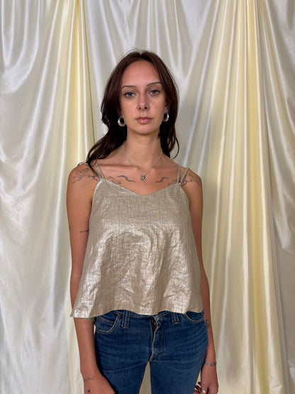 Iridescent linen tie back top