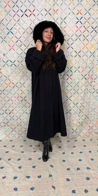 Black wool jacket with hood & fox fur trim