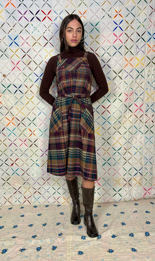 70s plaid wool pinafore dress with belt & pockets
