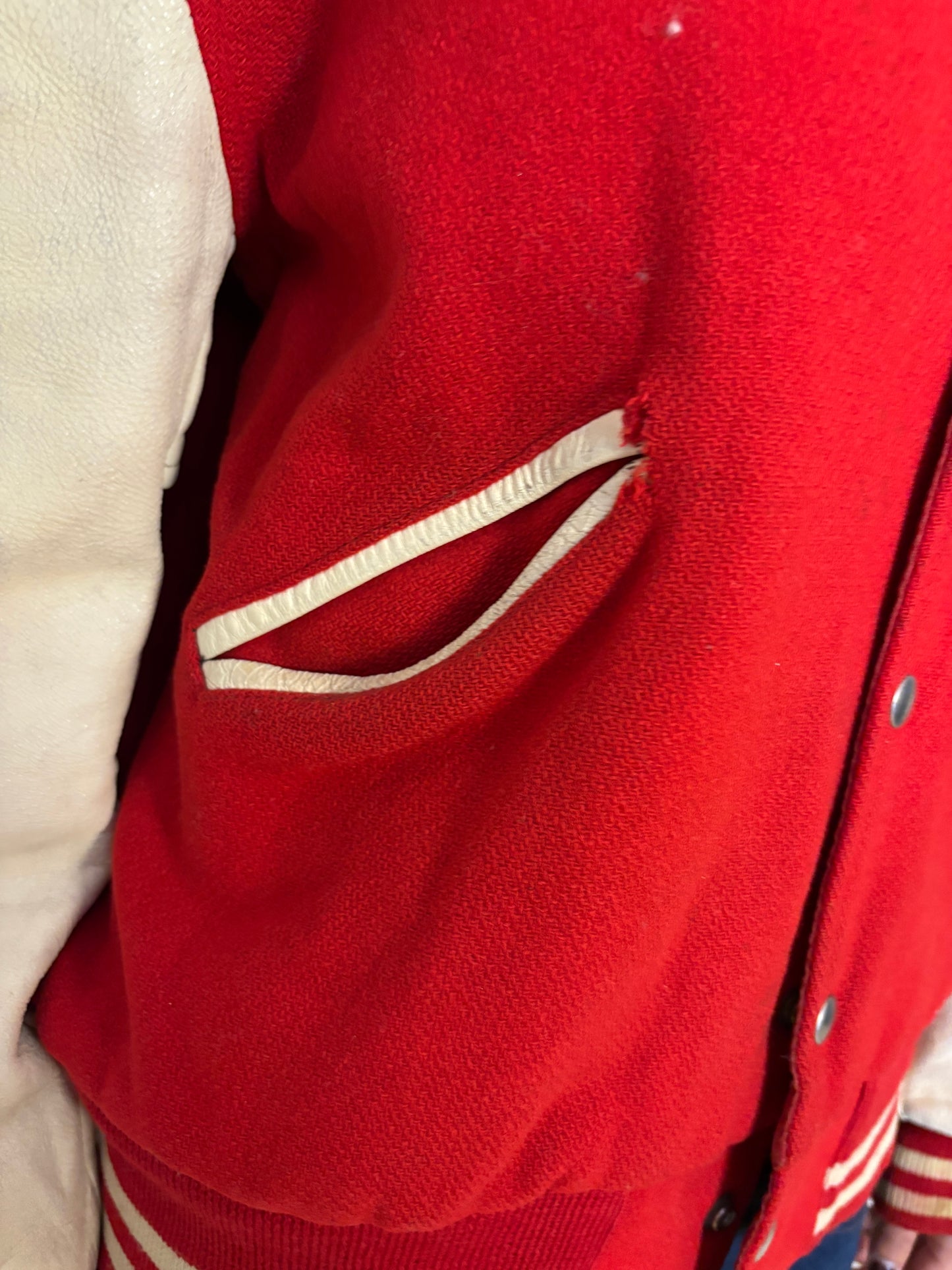Red letterman jacket, wool & leather