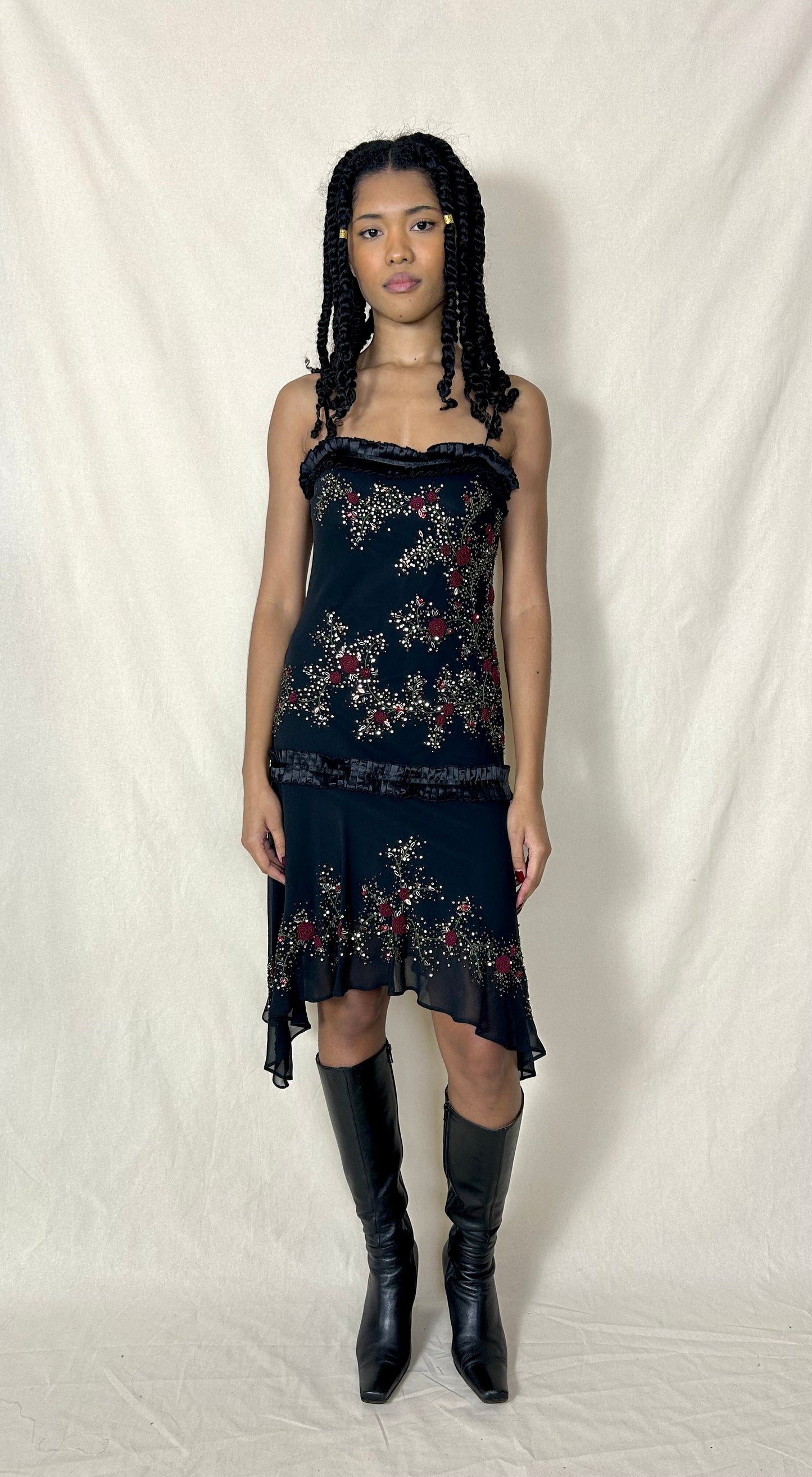 Y2K Sue Wong Nocturne silk party dress with beading & rose embroidery