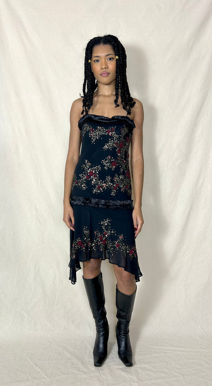 Y2K Sue Wong Nocturne silk party dress with beading & rose embroidery