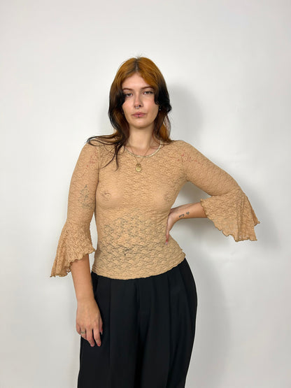 90s Nude Lace Top with Trumpet Sleeve