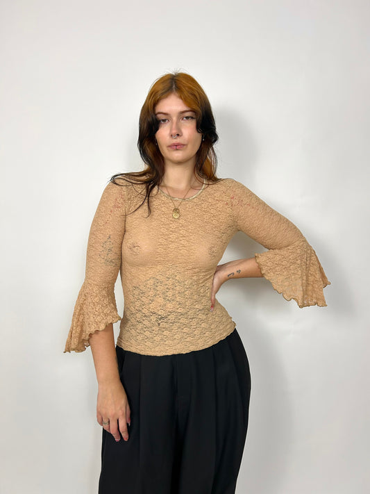 90s Nude Lace Top with Trumpet Sleeve