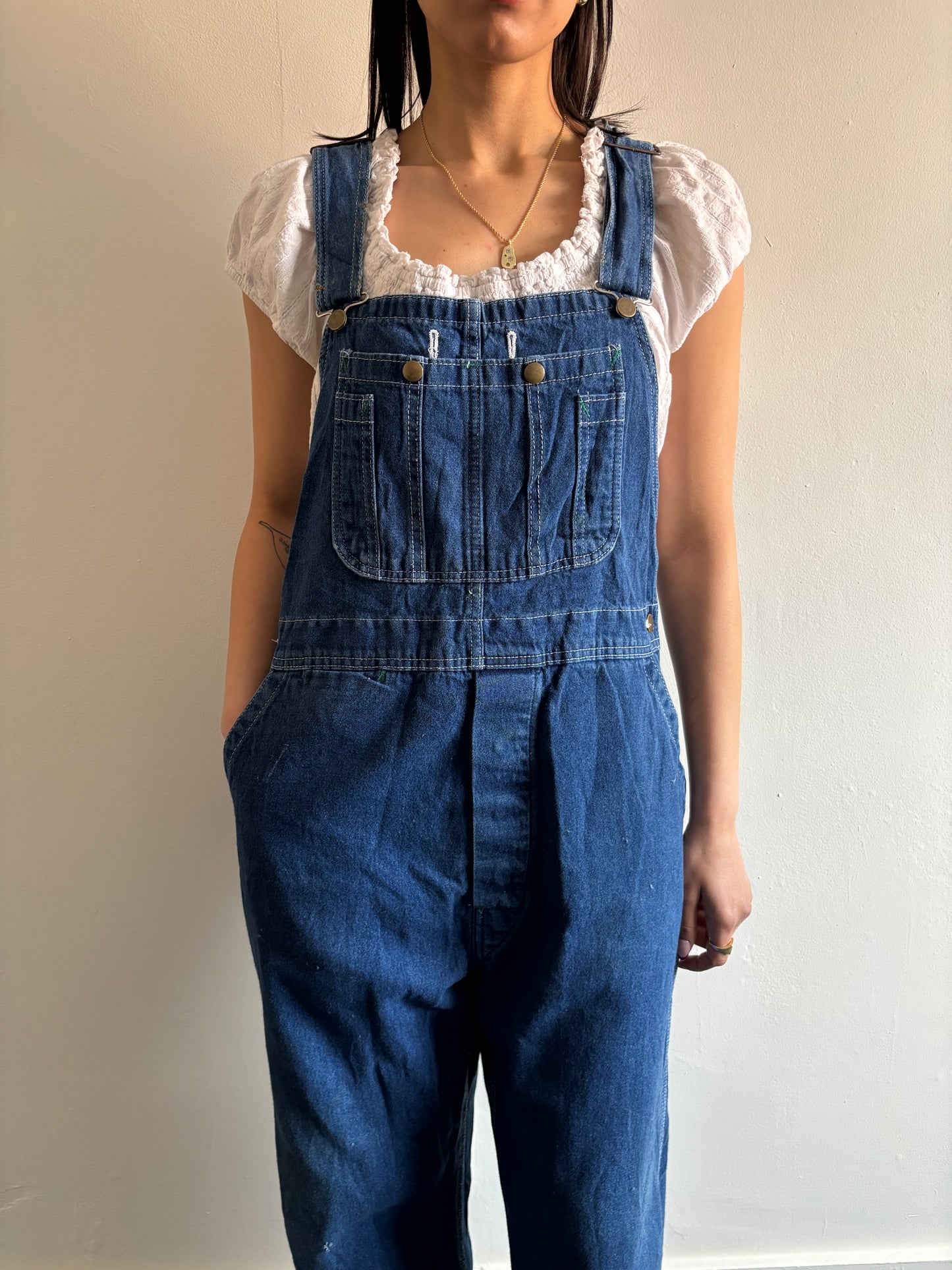 Dark wash denim overalls