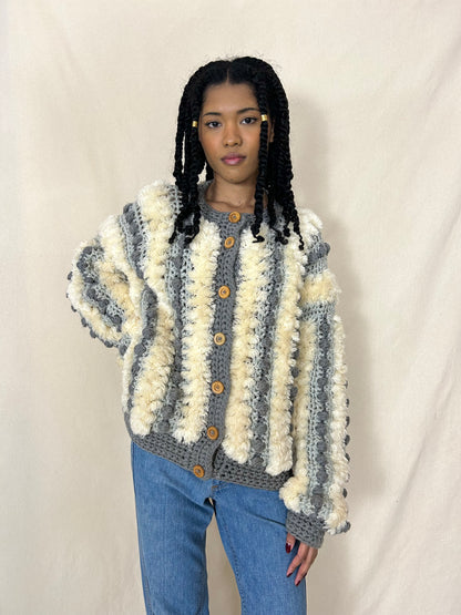 White and grey shaggy yarn coat