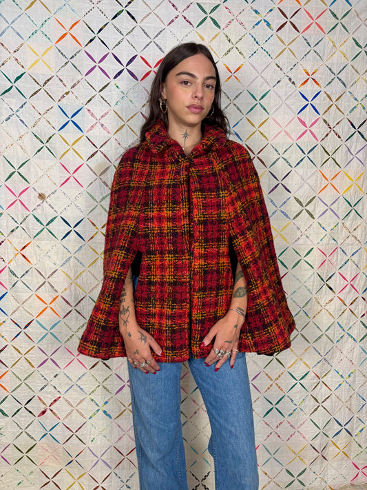 Red & orange plaid wool poncho