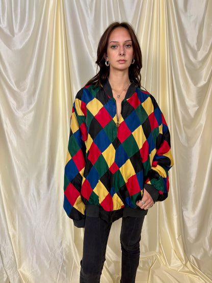 Silk harlequin bomber jacket