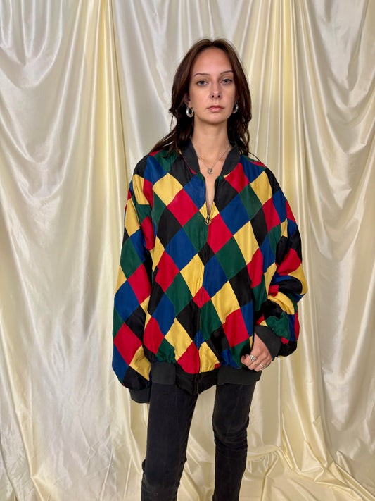 Silk harlequin bomber jacket