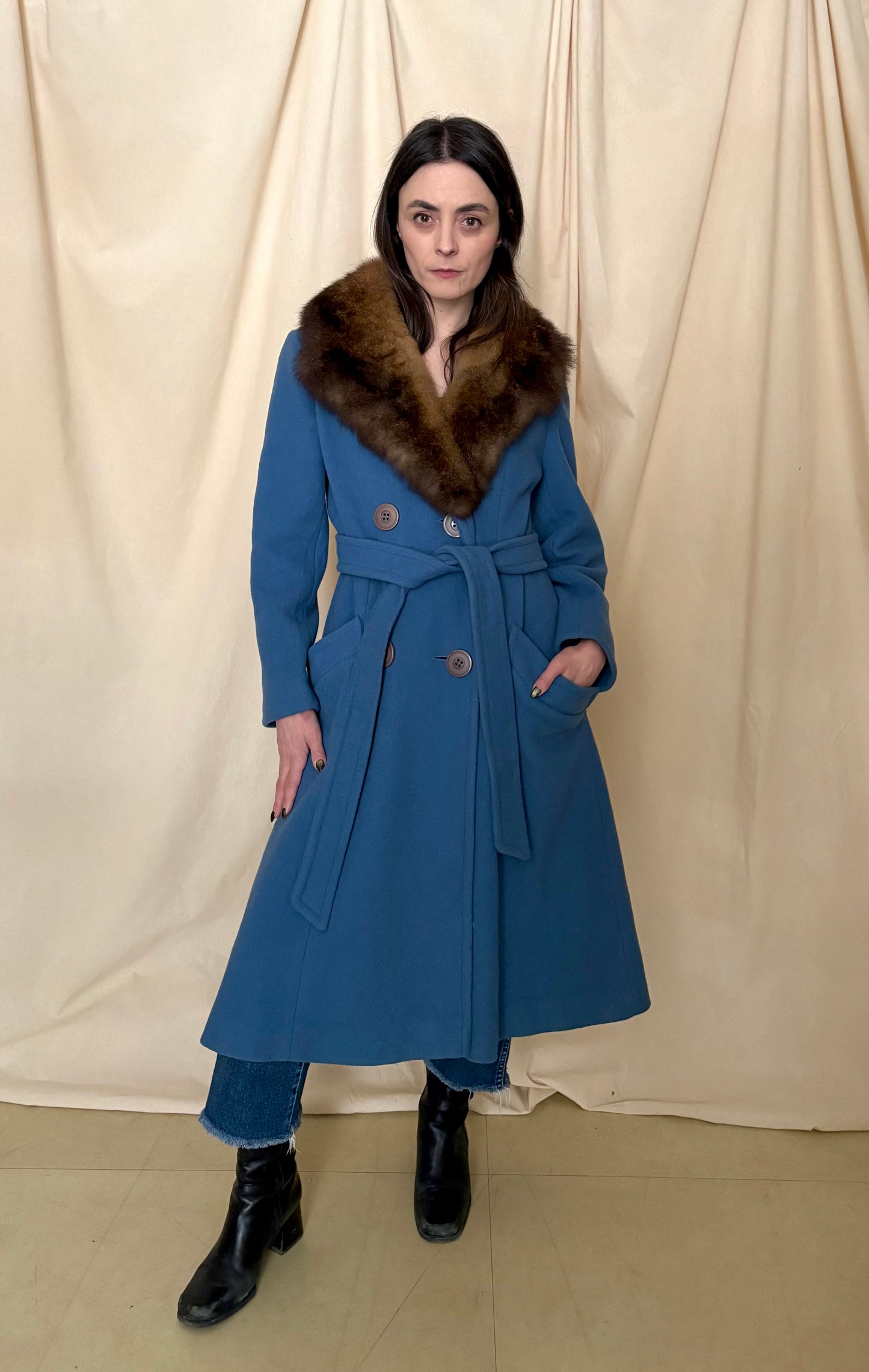1970s Blue Wool Trench with Fur Collar