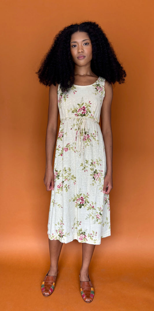 90s cream floral rayon midi dress