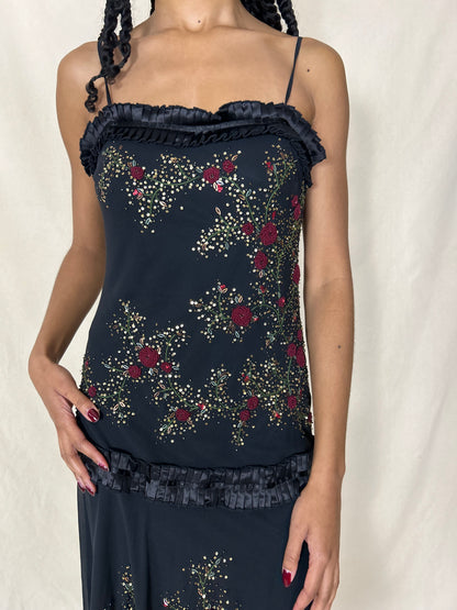 Y2K Sue Wong Nocturne silk party dress with beading & rose embroidery