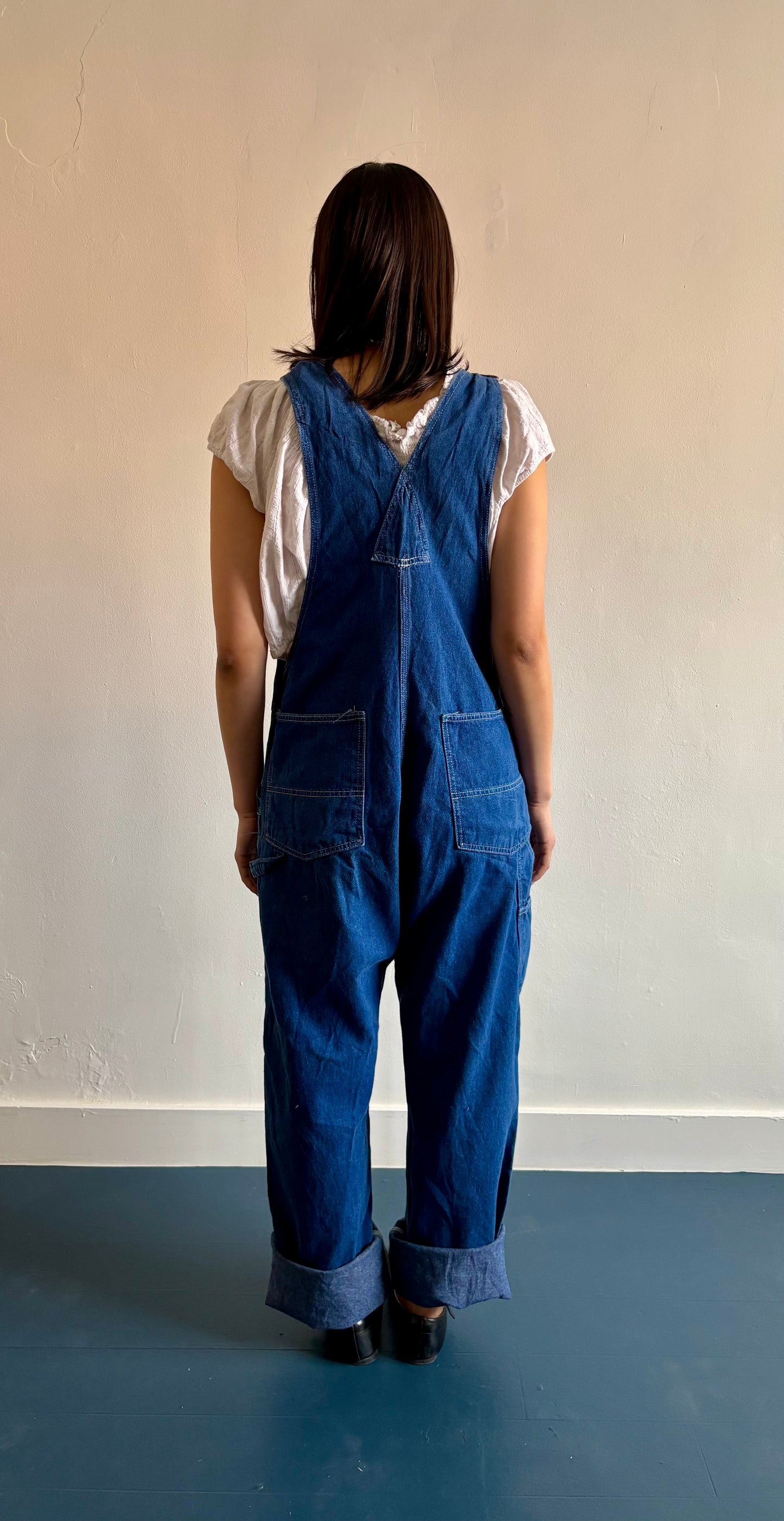 Dark wash denim overalls