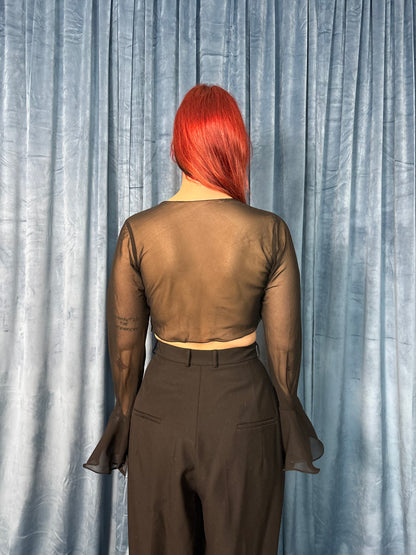 Sheer black ruffle tie top