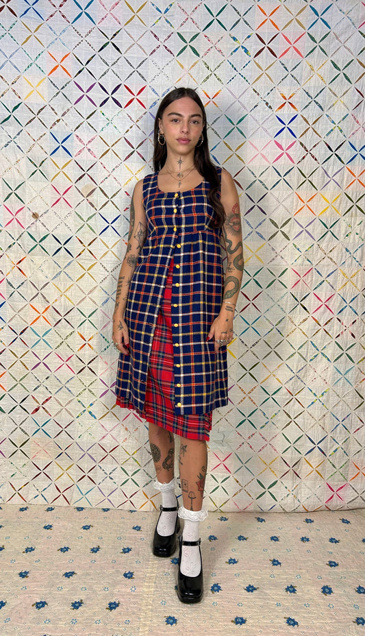 Blue plaid pinafore; empire waist