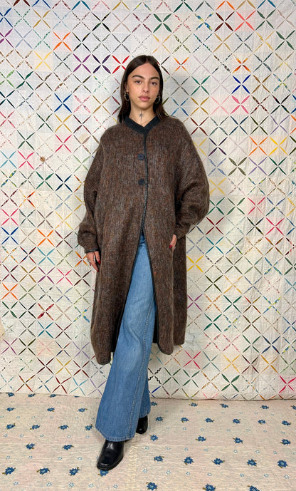 Mohair duster with leather trim