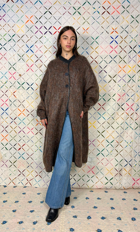 Mohair duster with leather trim