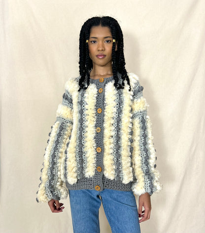 White and grey shaggy yarn coat