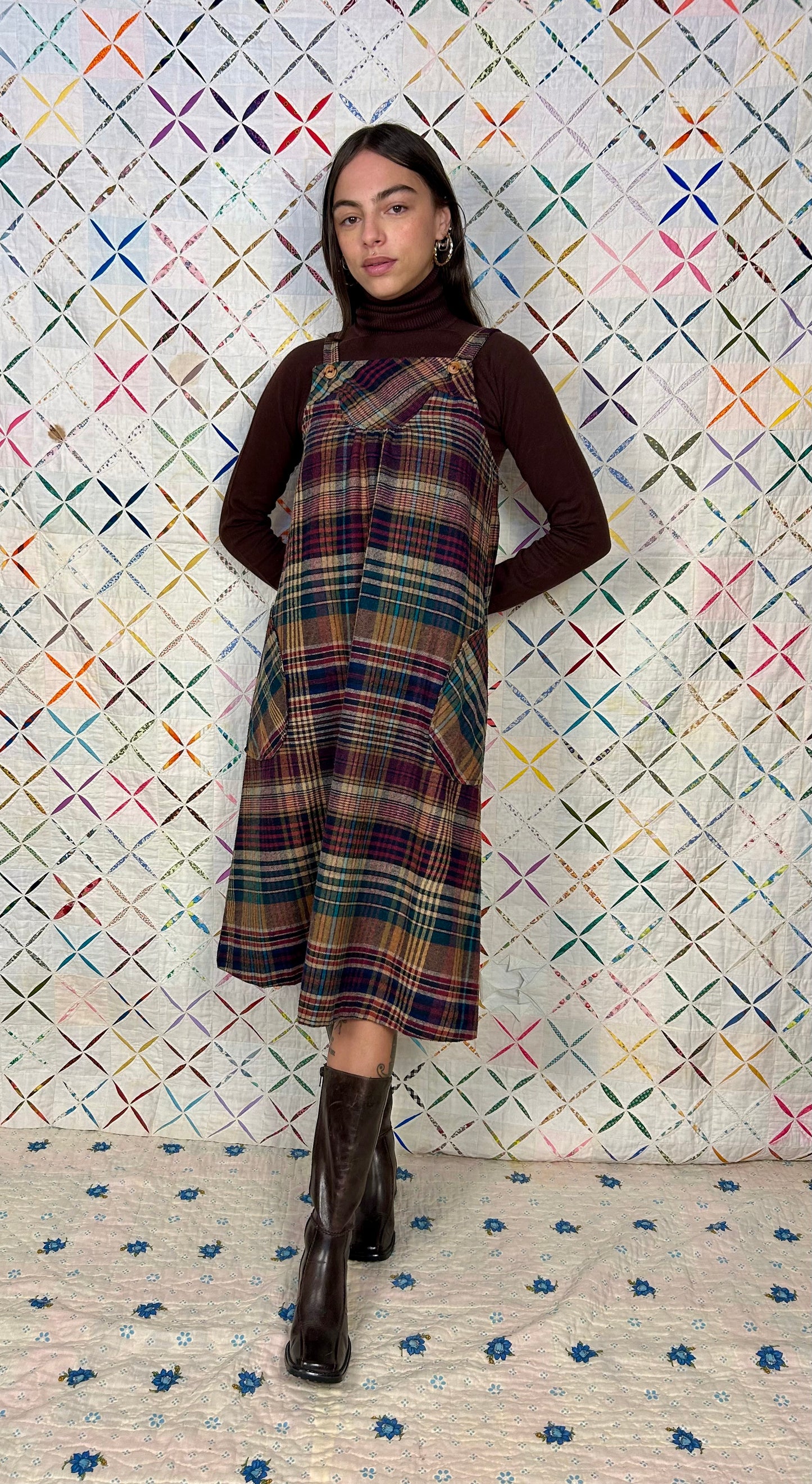 70s plaid wool pinafore dress with belt & pockets