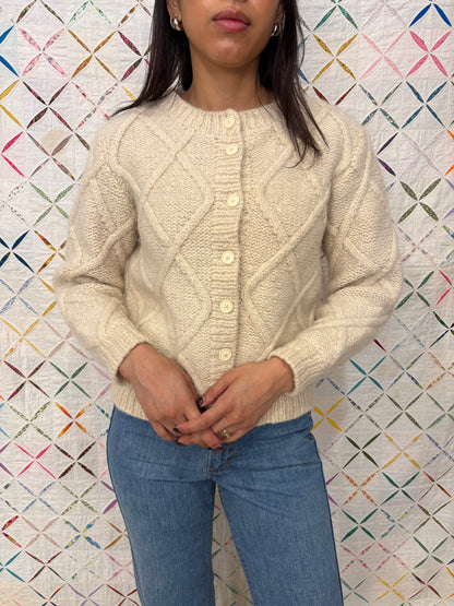 Cream Textured Argyle Cardigan