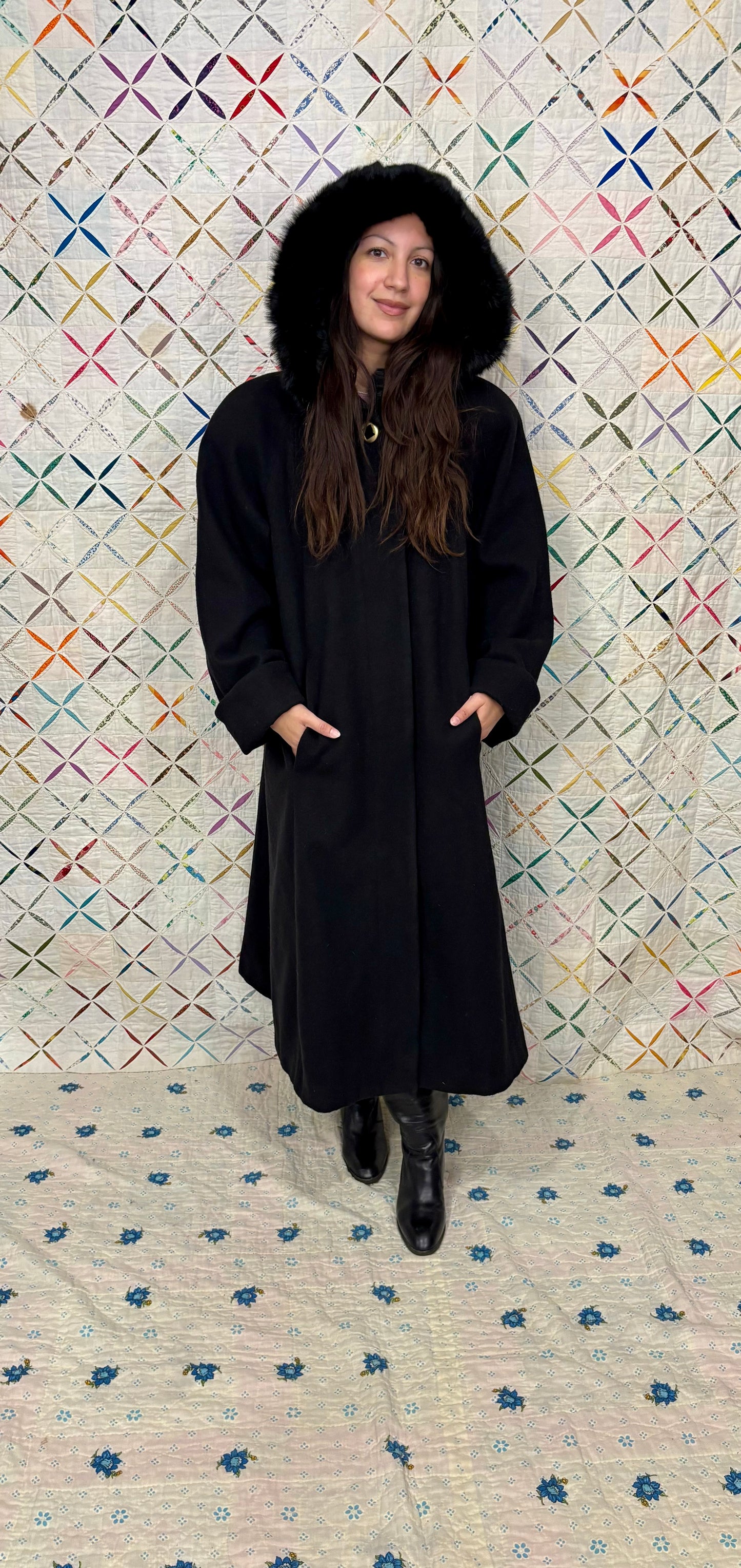 Black wool jacket with hood & fox fur trim